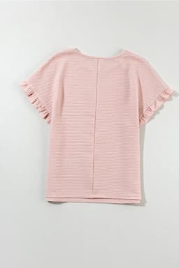 image-Light Pink Ruffled Short Sleeve Blouse - Solid Texture Elegant Design