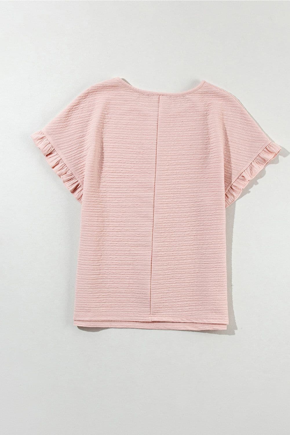 image-Light Pink Ruffled Short Sleeve Blouse - Solid Texture Elegant Design