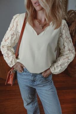 image-White Lace V-Neck Blouse with Hollow Lantern Sleeves (65 characters)