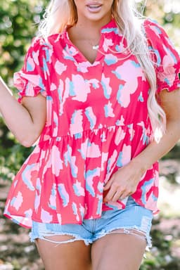 image-Rose Abstract Print Smocked Puff Sleeve V Neck Blouse