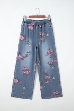 image-Blue Floral Print Elastic Waist Casual Jeans (50 characters)