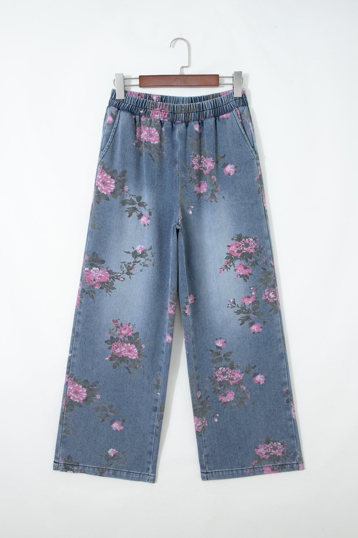 image-Blue Floral Print Elastic Waist Casual Jeans (50 characters)