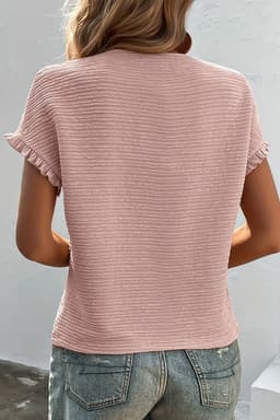 image-Light Pink Ruffled Short Sleeve Blouse - Solid Texture Elegant Design