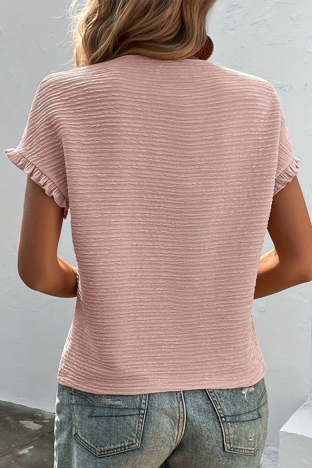 image-Light Pink Ruffled Short Sleeve Blouse - Solid Texture Elegant Design
