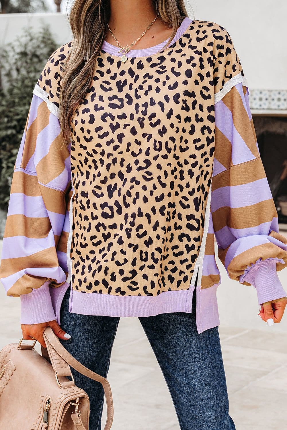 image-Khaki Stripe Leopard Patchwork Sweatshirt with Slits