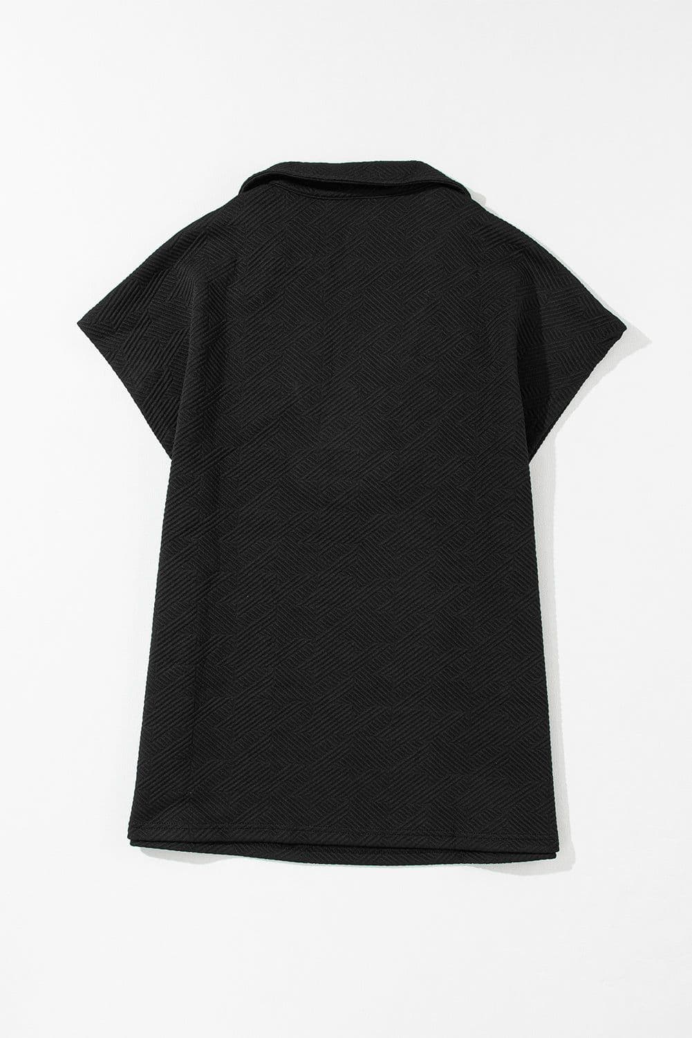 image-White Textured V Neck Collared Short Sleeve Top