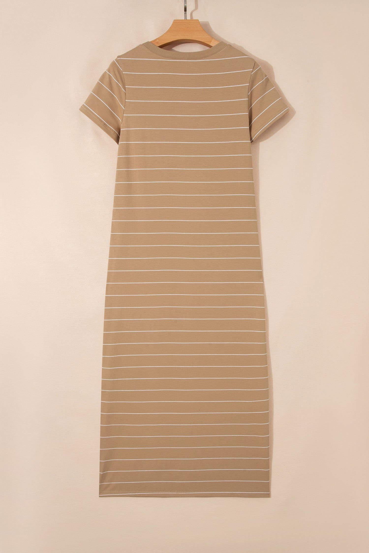 image-Khaki Stripe Casual Short Sleeve Side Slit Maxi T Shirt Dress