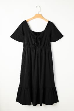 image-Black Plus Size Short Sleeve Lace-up High Waist Midi Dress