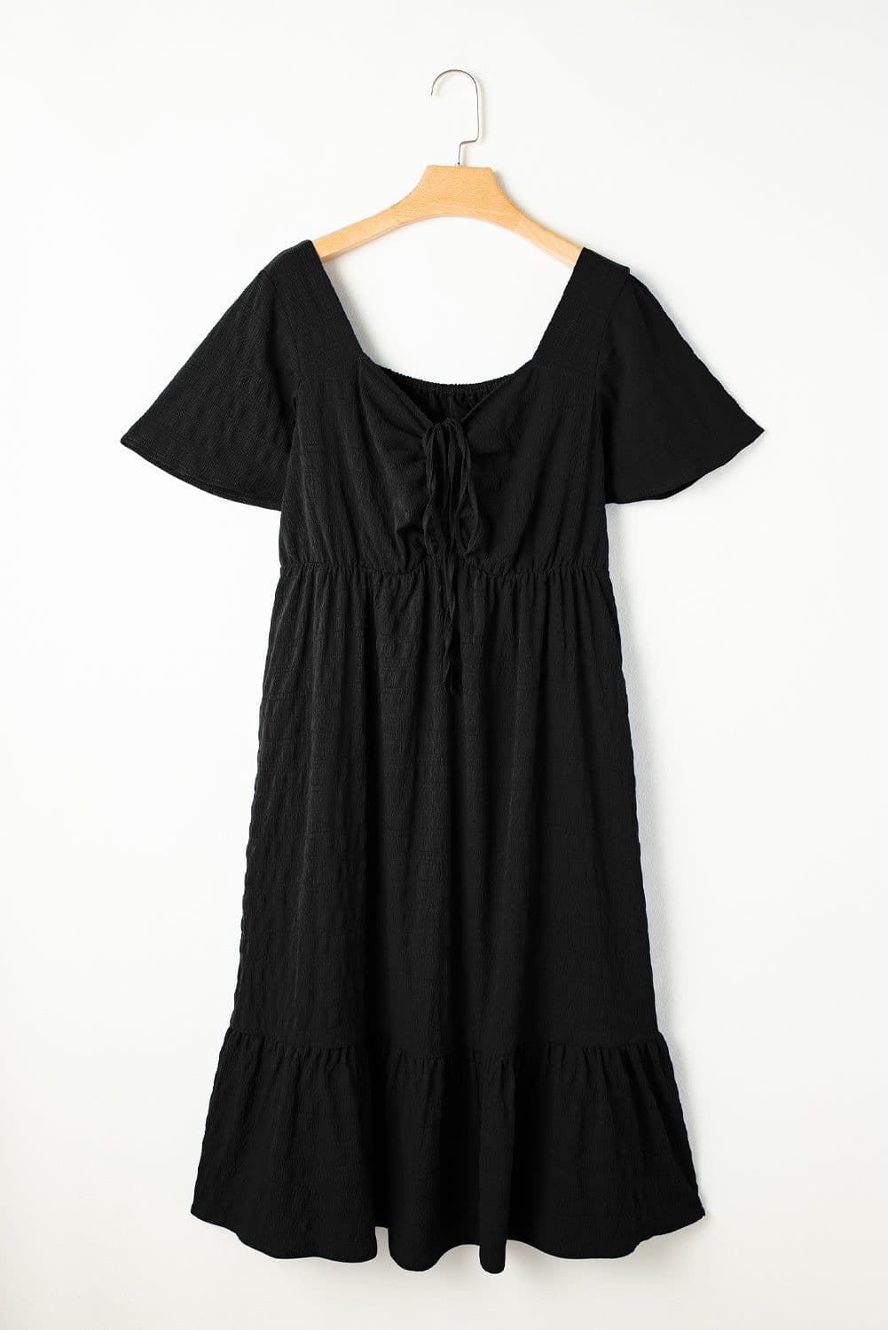 image-Black Plus Size Short Sleeve Lace-up High Waist Midi Dress