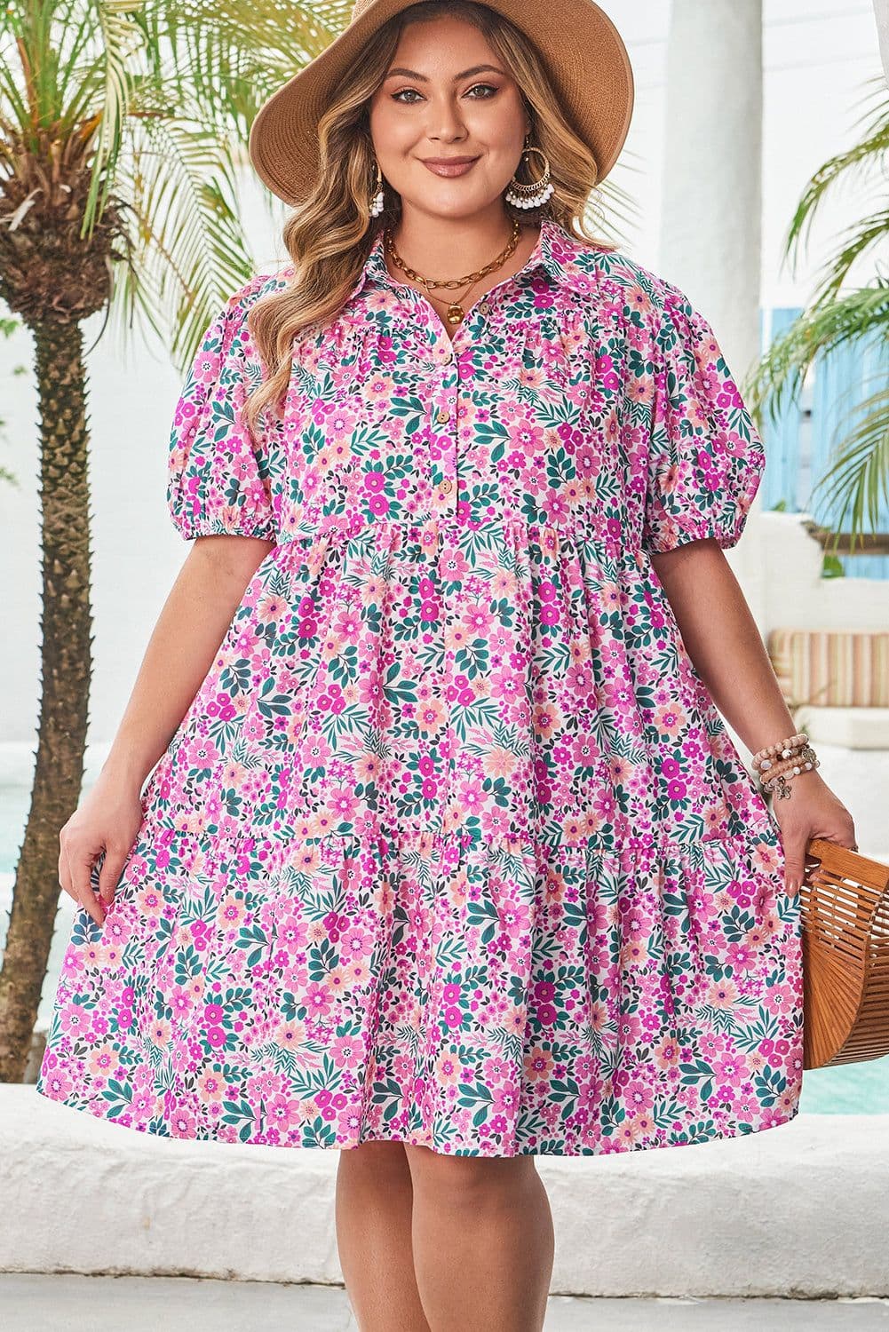 image-Pink Plus Size Floral Puff Sleeve A-Line Dress