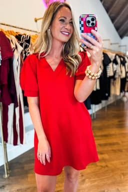 image-Fiery Red Textured Collared V Neck Puff Short Sleeve Shift Mini Dress