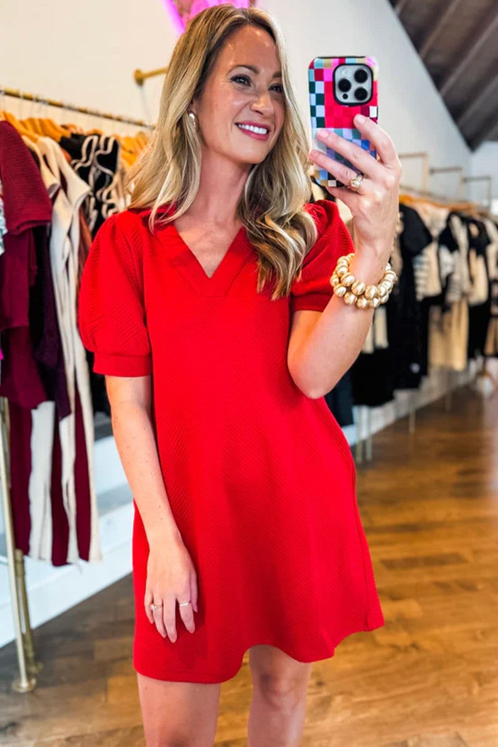 image-Fiery Red Textured Collared V Neck Puff Short Sleeve Shift Mini Dress
