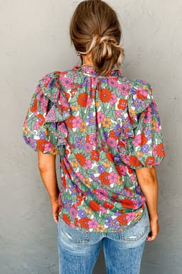 image-Red Floral Ruffle Puff Sleeve Blouse
