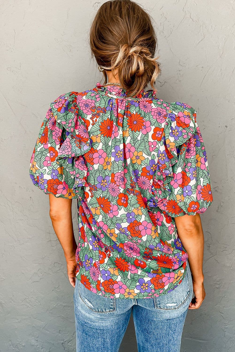 image-Red Floral Ruffle Puff Sleeve Blouse
