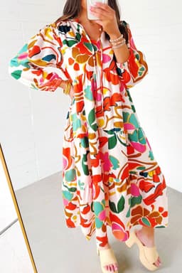 image-Orange Floral Print Split V Neck Tiered Maxi Dress