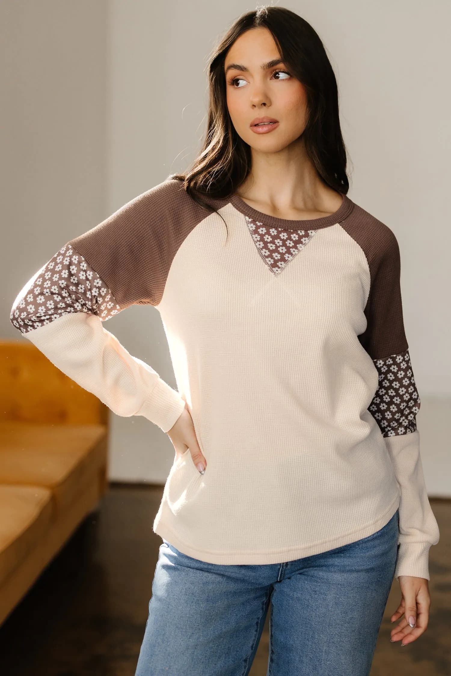 image-Brown Floral Patchwork Long Sleeve Top