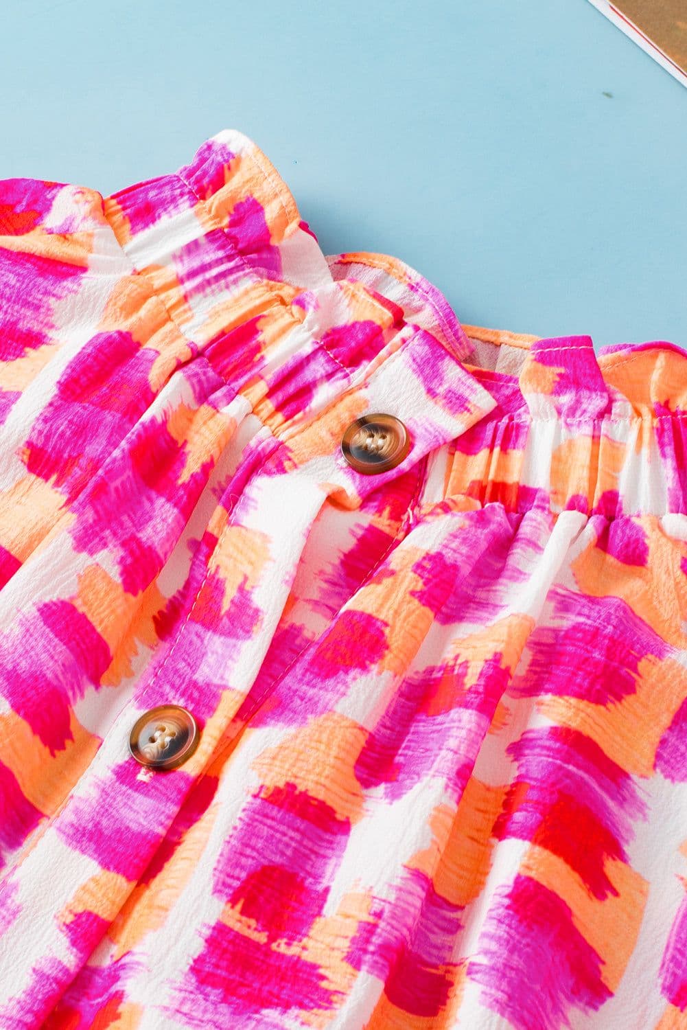 image-Pink Abstract Print Ruffled High Neck Button Back Blouse