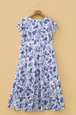 image-Blue Ruffled Short Sleeve Tiered Floral Midi Dress
