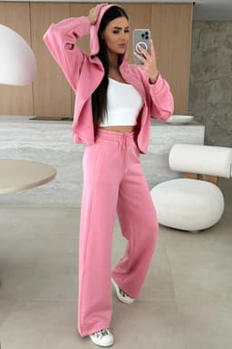 image-Pink Solid Color Zip Up Hoodie Drawstring Loose Pants Set