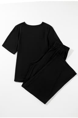 image-Solid Color T-Shirt & Wide Leg Pants Set - 2pcs - Comfortable Fabric