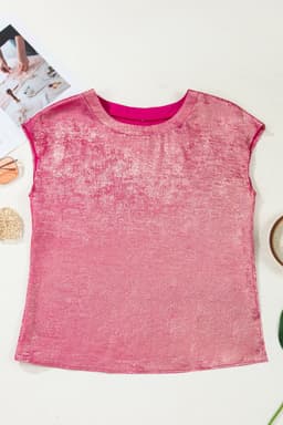 image-Bright Pink Metallic Round Neck Cap Sleeve Tee