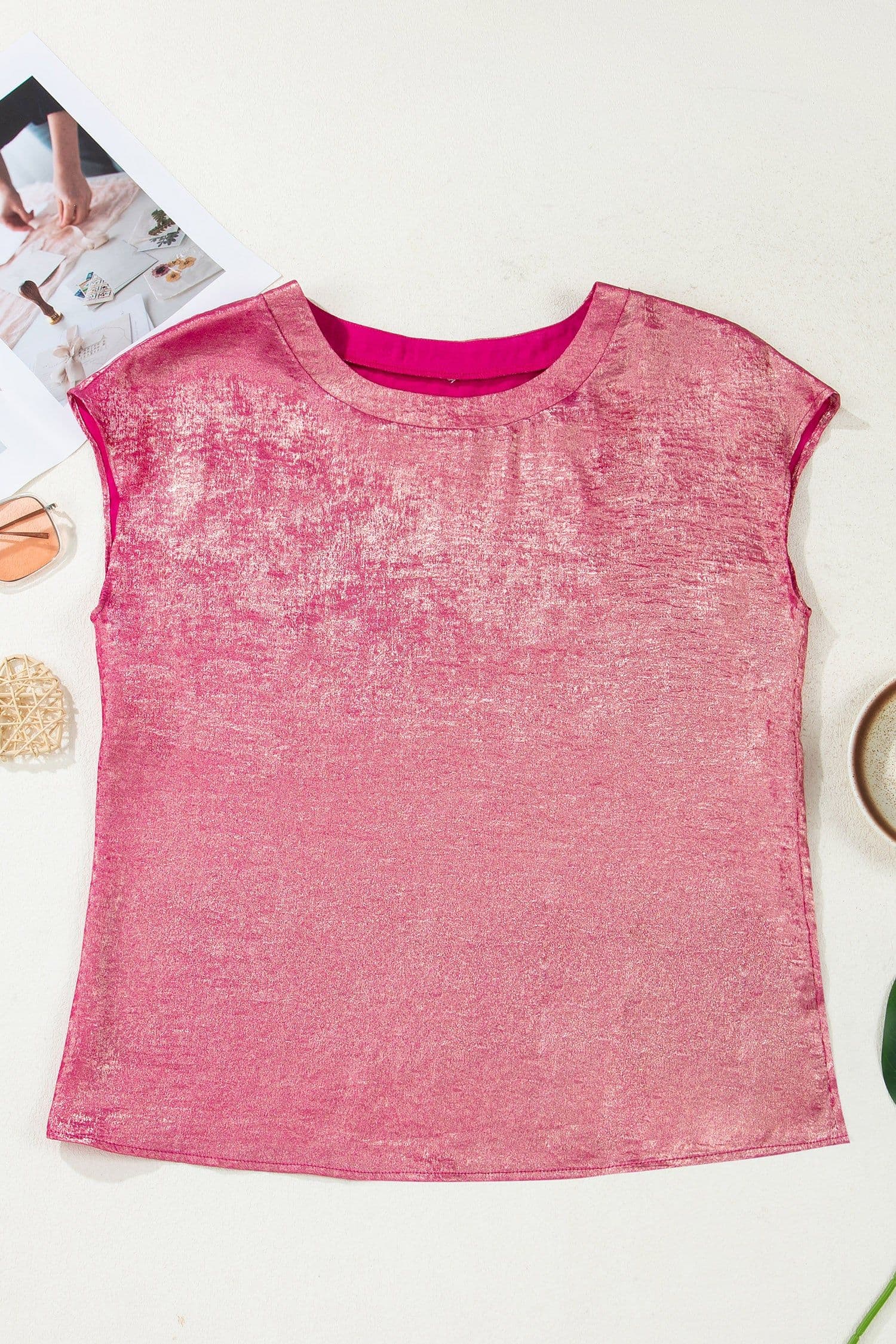 image-Bright Pink Metallic Round Neck Cap Sleeve Tee