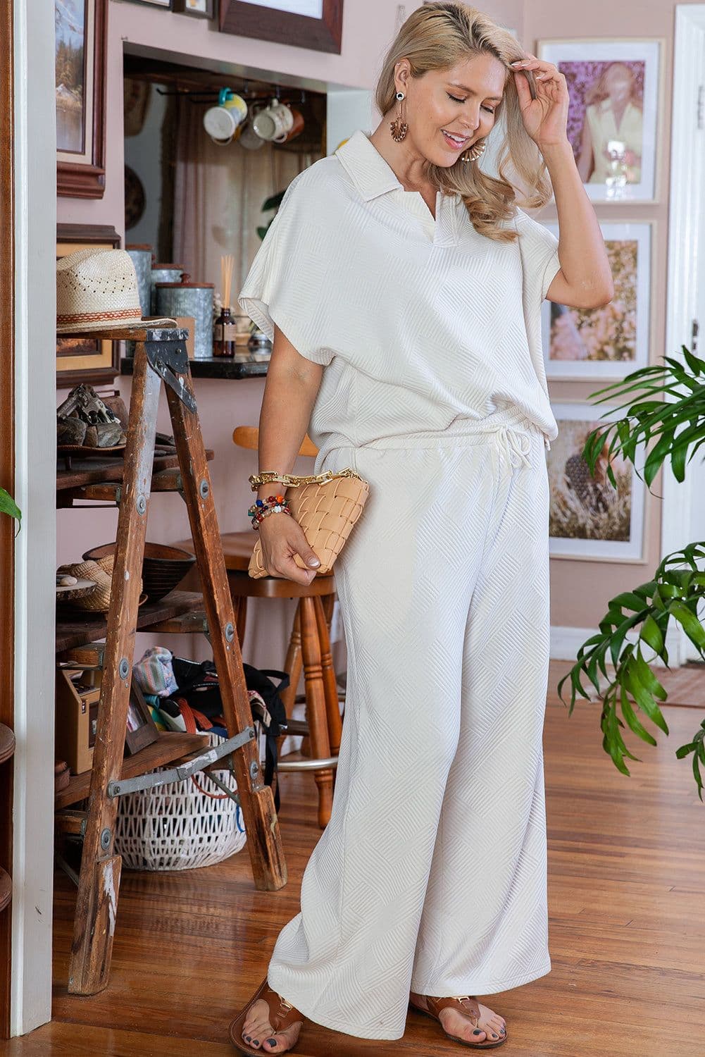 image-Beige Plus Size Textured Collared Top and Pants Set