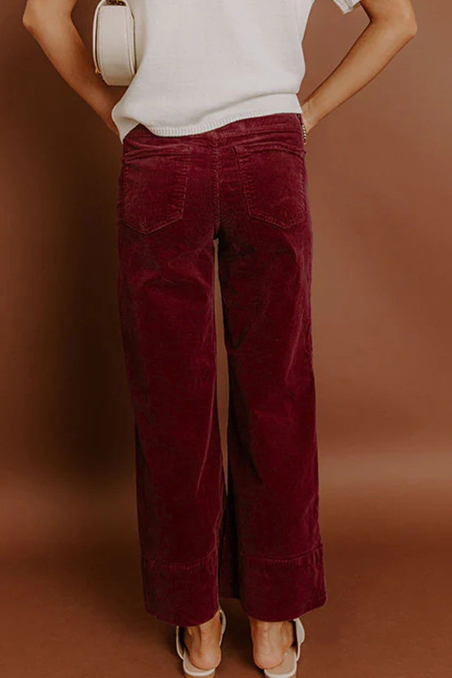 image-Burgundy Corduroy High Waist Wide Leg Pants