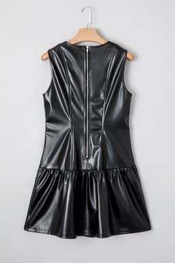 image-Black Faux Leather Ruffle Hem Sleeveless Mini Dress