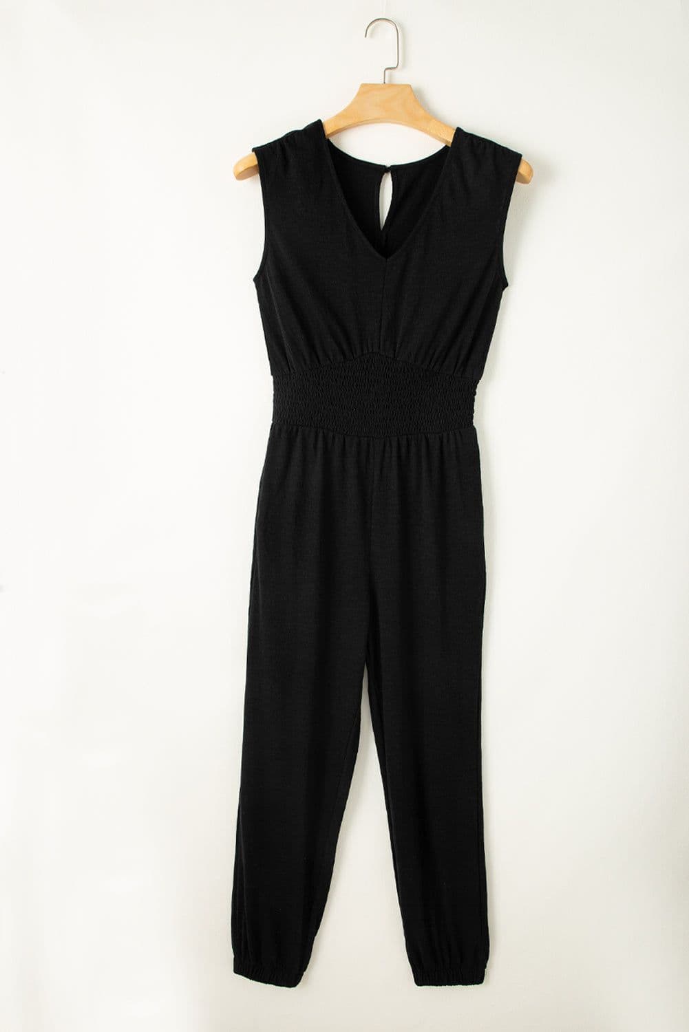 image-High Waist Shirred V Neck Jumpsuit - Sleeveless Sexy Design