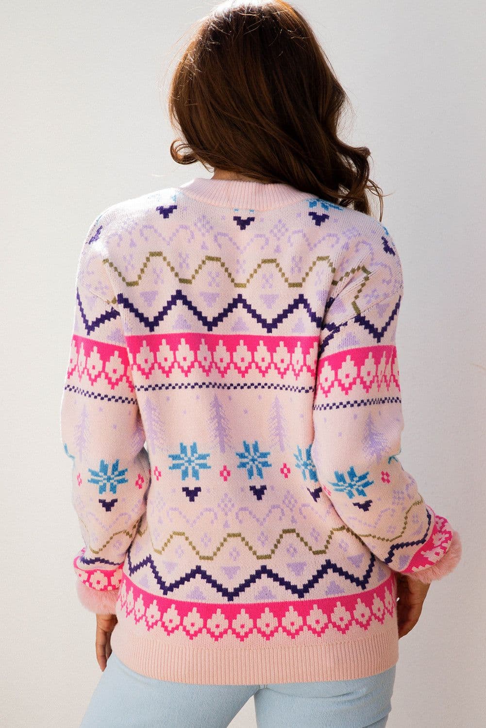 image-Multicolor Christmas Pattern Knit Sweater - Feather Cuff