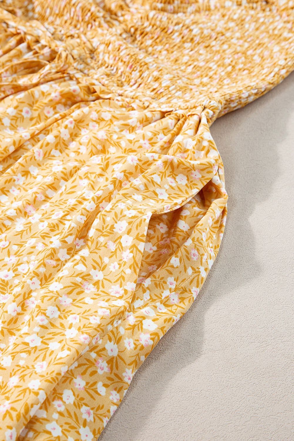 image-Yellow Frilly Smocked High Waist Floral Maxi Dress