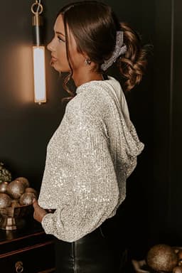 image-Jet Stream Sequin Hooded Long Sleeve Top