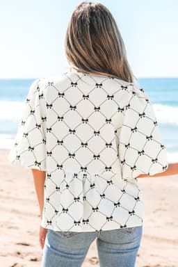 image-White Bowknot Blouse Bubble Sleeve Front Knots
