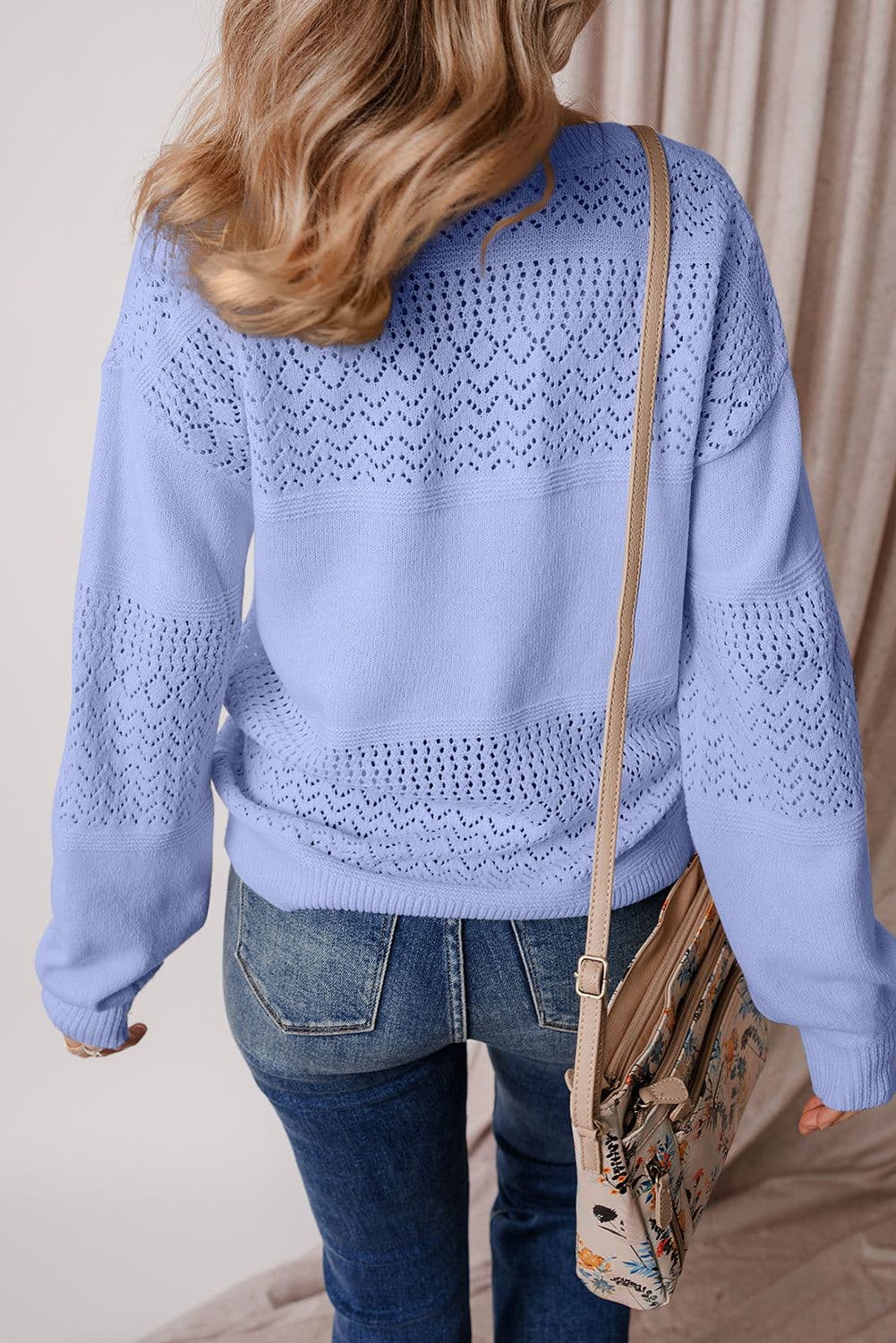 image-Sky Blue V Neck Eyelet Sweater Drop Shoulder