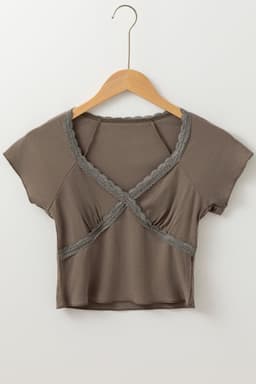image-Slim Fit Dark Brown Criss Cross Lace V Neck T Shirt
