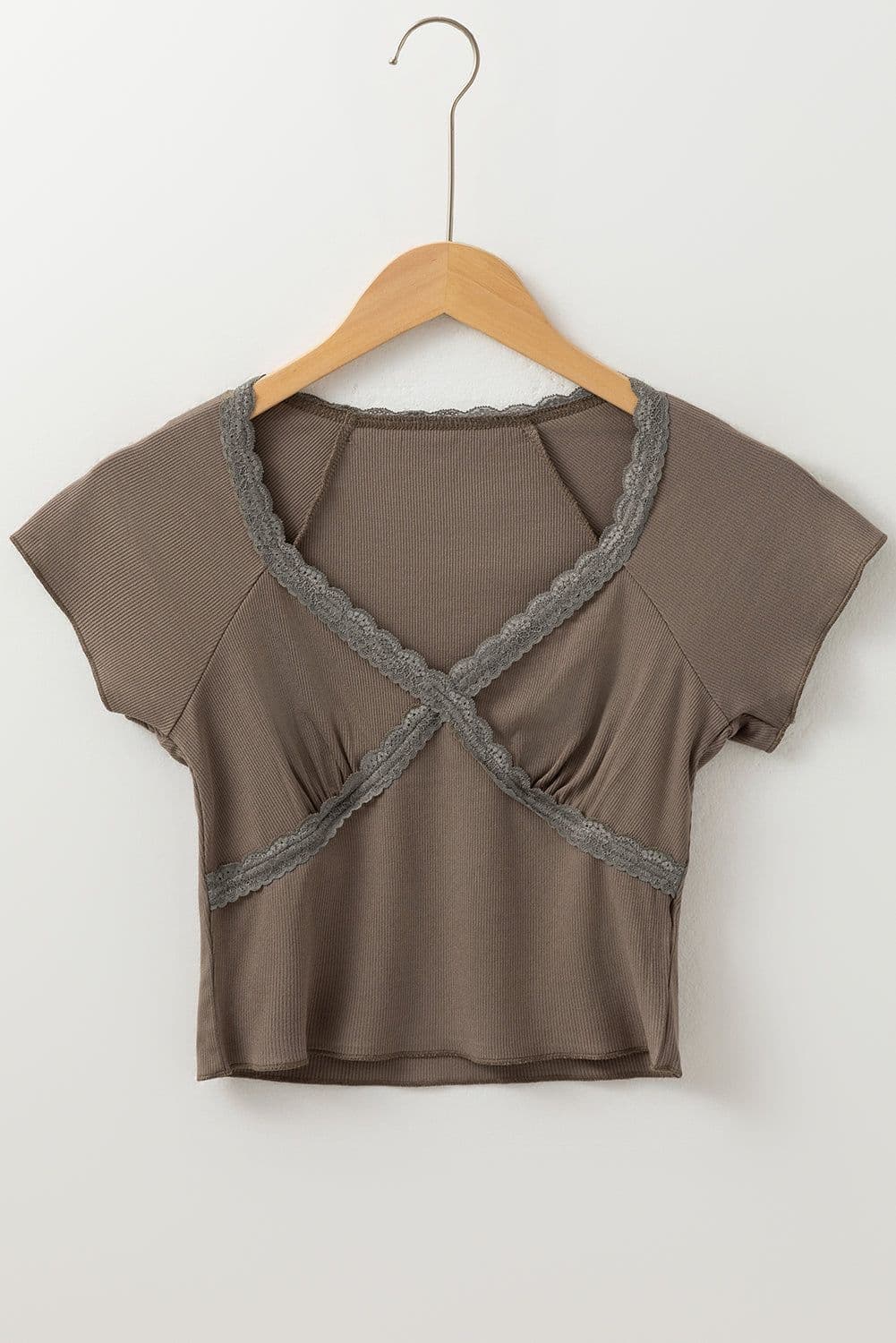image-Slim Fit Dark Brown Criss Cross Lace V Neck T Shirt