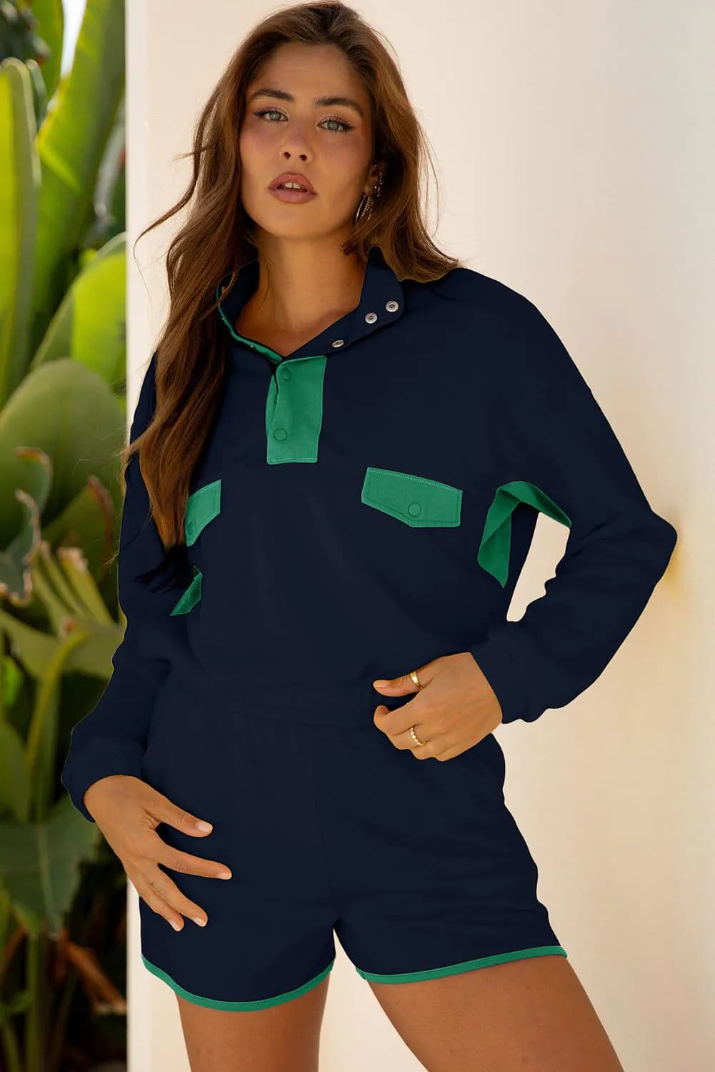 image-Navy Blue Color Block Patchwork Half Button Pullover and Shorts 2pcs Outfit