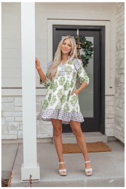 image-Green Floral Print Contrast Patchwork Ruffle Detail Mini Dress