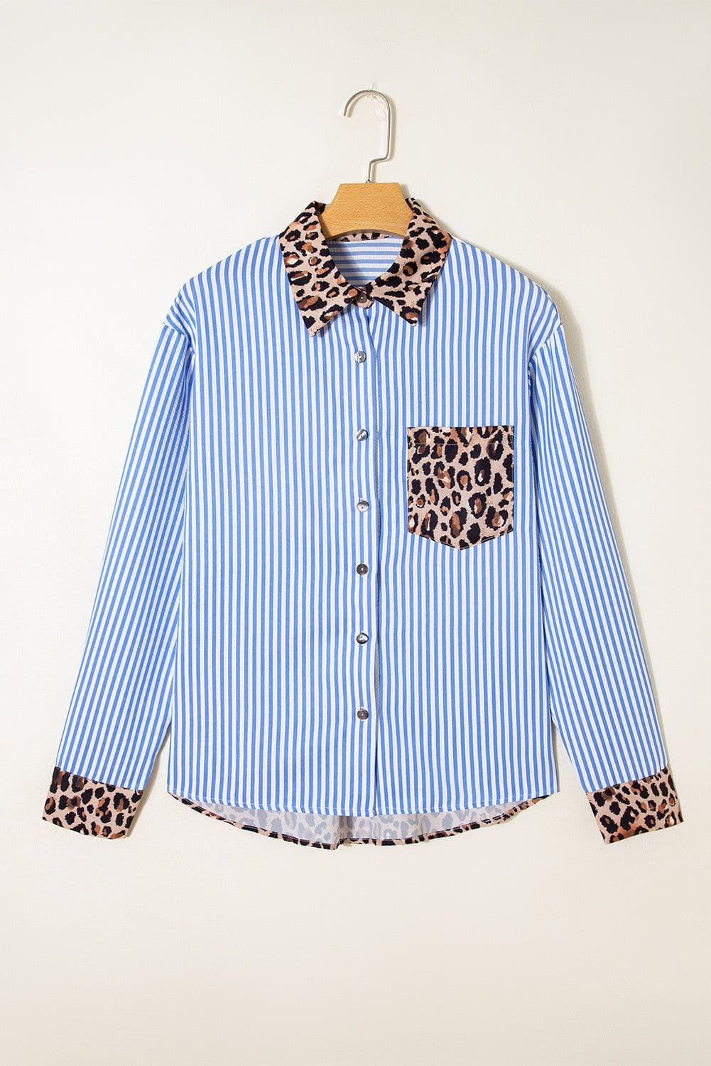 image-Black Striped Leopard Print Patchwork Button Up Womens Shirt