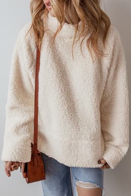 image-Fleece High Neck Drop Shoulder Pullover Sweatshirt - White