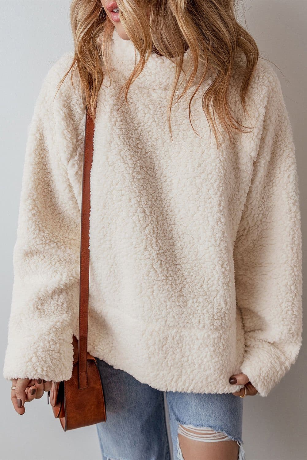image-Fleece High Neck Drop Shoulder Pullover Sweatshirt - White