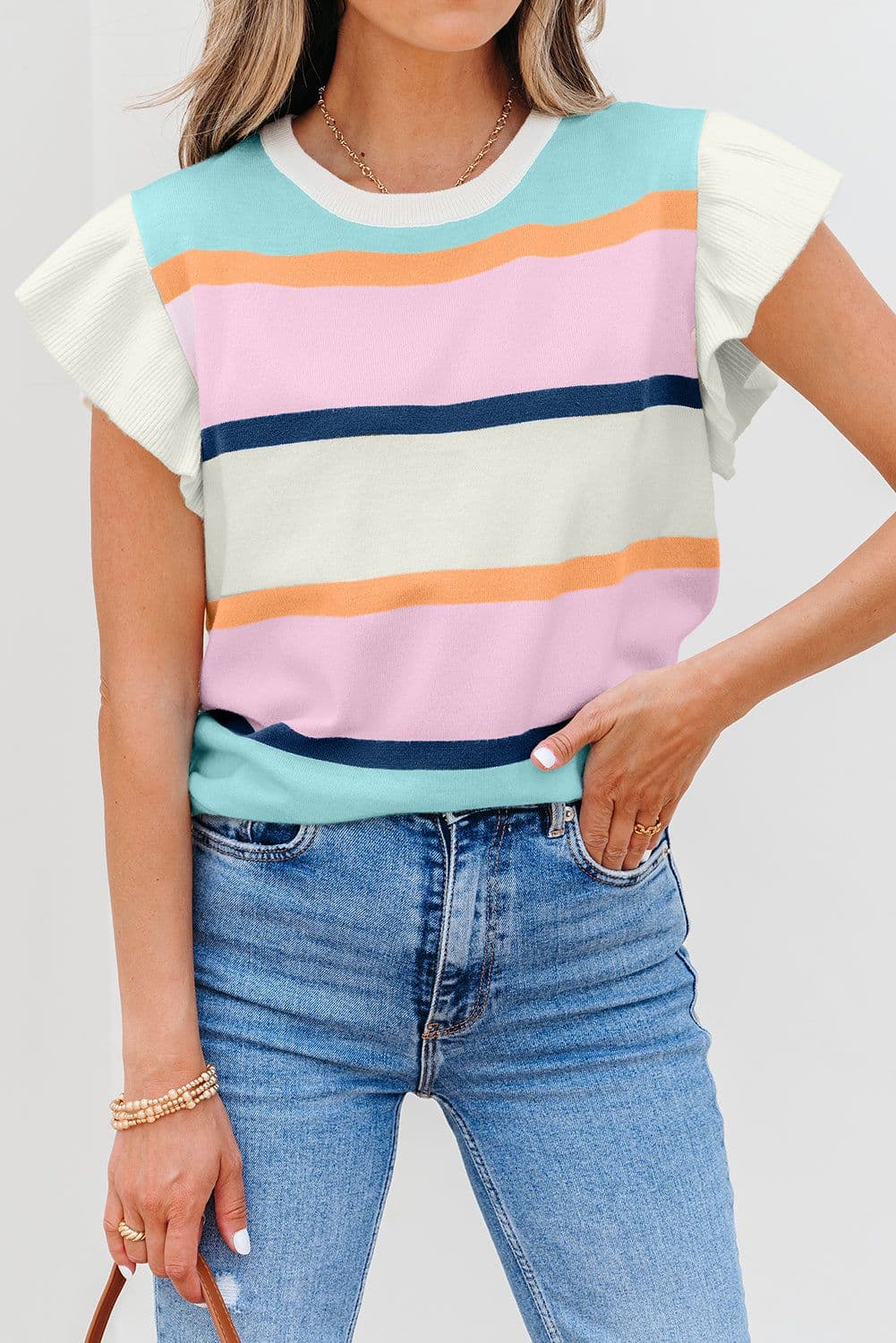 image-Multicolor Striped Flutter Sleeve Sweater Top