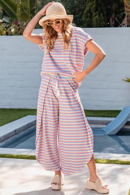 image-Pink Stripe Rainbow Tee Wide Leg Pants Set