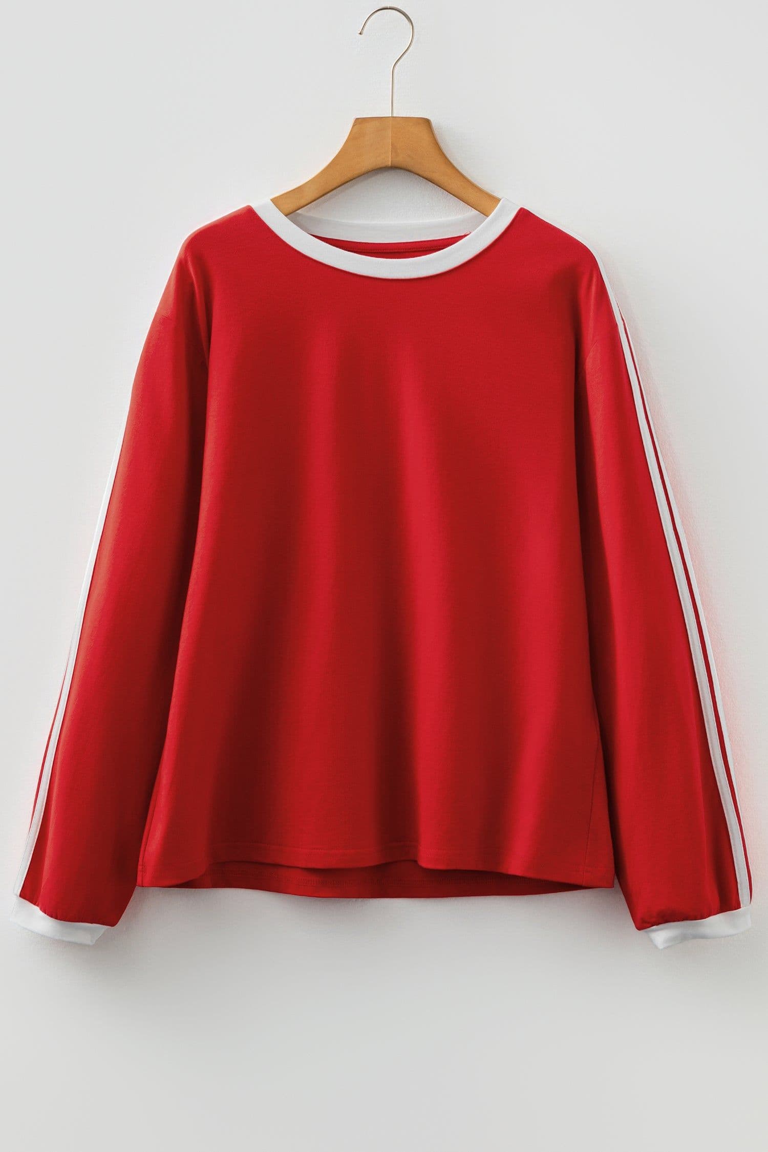 image-Fiery Red Varsity Striped Accent Contrast Crew Neck Long Sleeve T Shirt