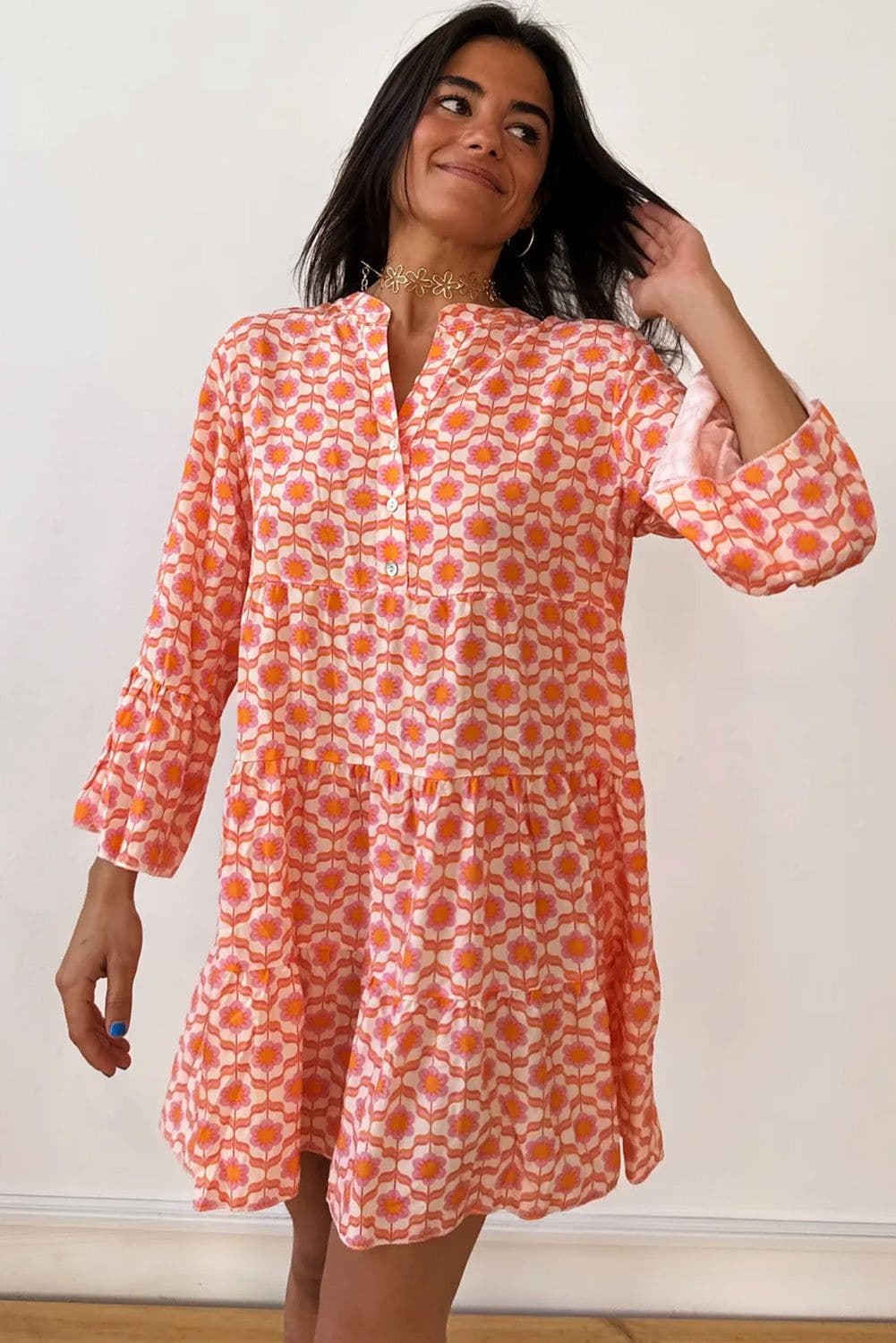 image-Floral Print Flounce Sleeve Mini Dress - Orange, Size S-XL