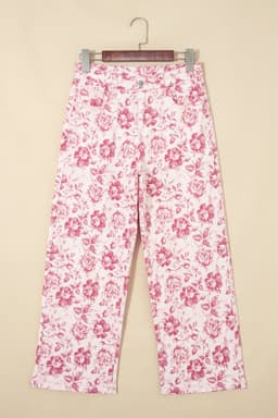 image-Pink Vintage Floral Print Denim Shift Pants