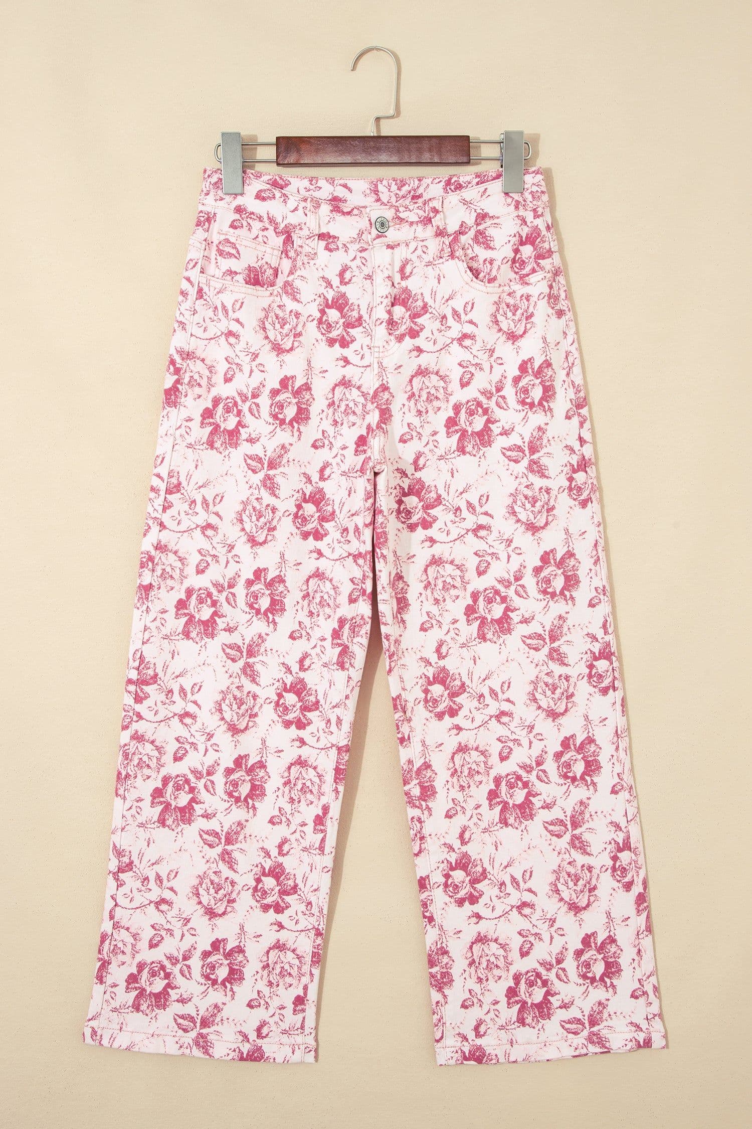 image-Pink Vintage Floral Print Denim Shift Pants