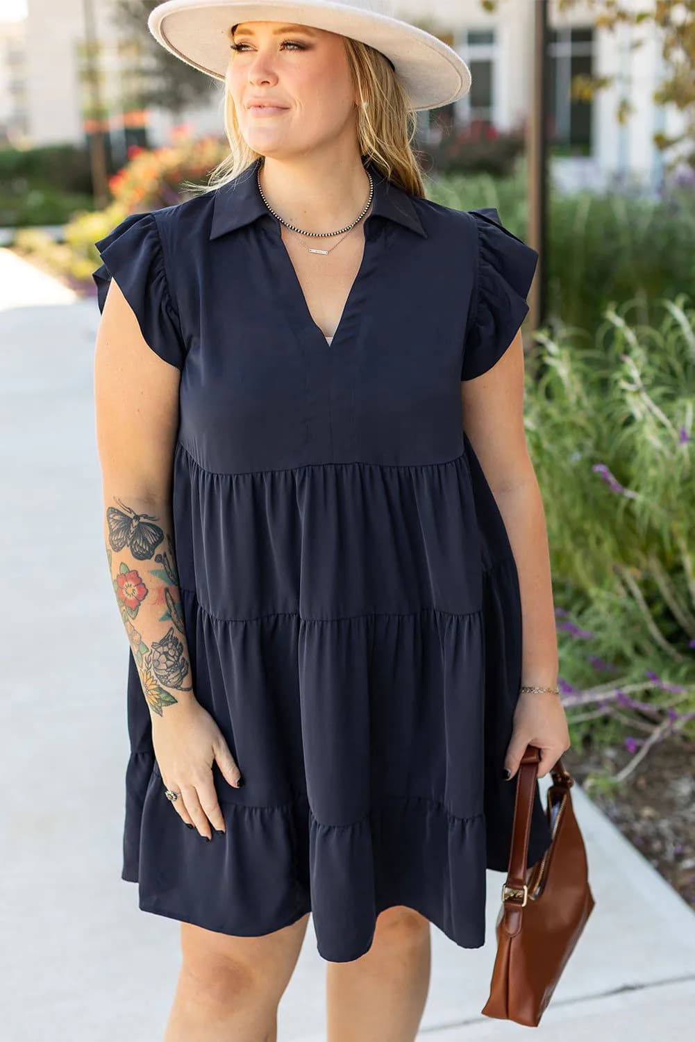 image-Navy Blue Collared V Neck Flutter Sleeve Tiered Dress