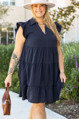 image-Navy Blue Collared V Neck Flutter Sleeve Tiered Dress